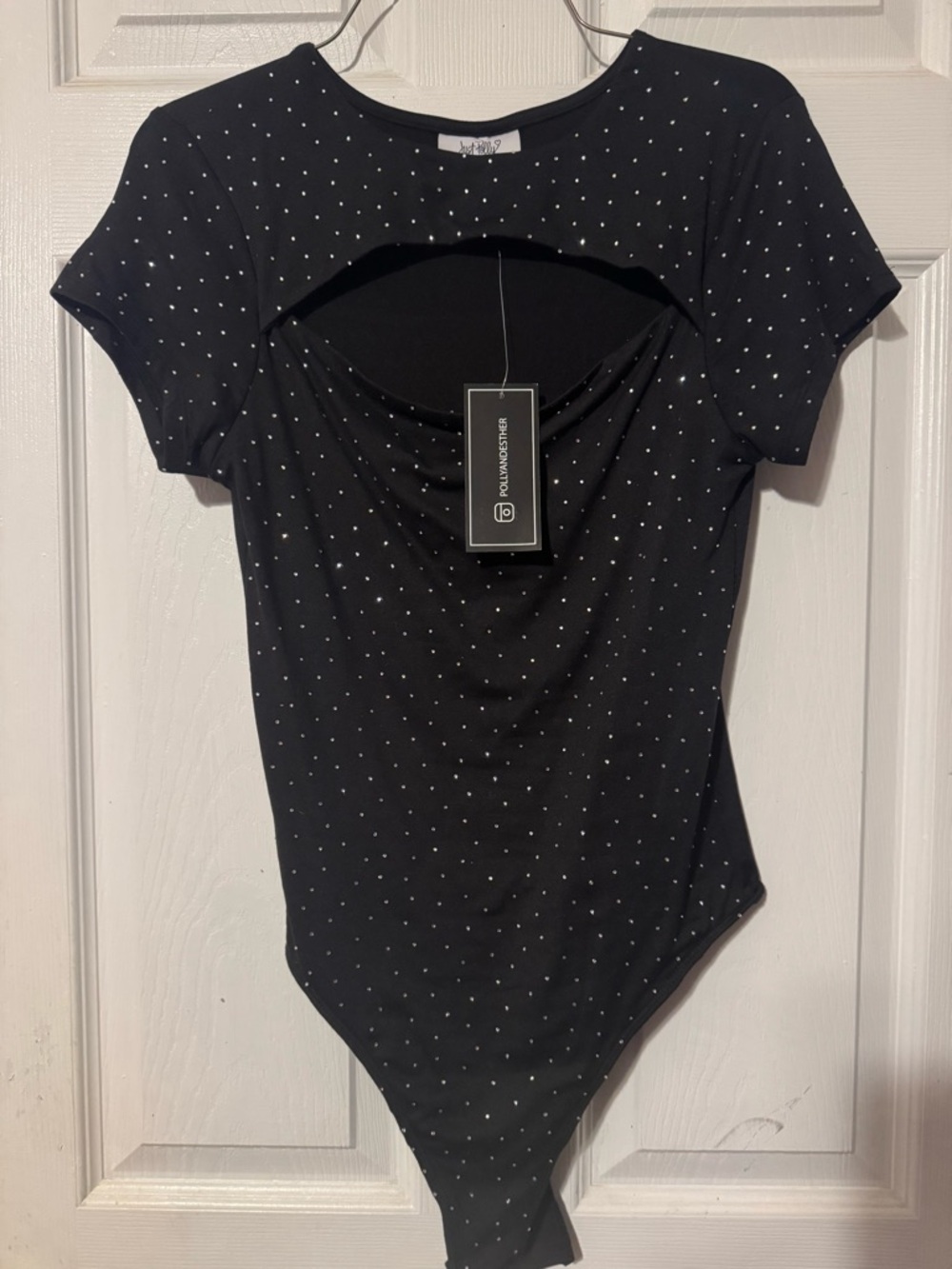 Juniors Black Rhinestone Cutout Short-Sleeve Bodysuit